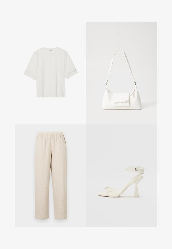 T-shirt branco de manga curta feito de algodão, com bainha de renda decorativa nas mangas e decote redondo.; Calças de linho bege com cintura elástica, apresentando bolsos laterais, pernas retas e um acabamento de tecido texturizado.; Sandal de salto alto com tiras em couro branco, com um design elegante, um salto bloco transparente e um elemento decorativo na ponta.; Mala sintética branca com formato triangular, aba frontal plana e detalhe de laço, alça ajustável, textura suave e design minimalista.