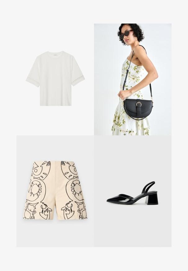 Biele tričko s krátkym rukávom vyrobené z bavlny, s dekoratívnym čipkovým lemovaním pozdĺž rukávov a okrúhlym výstrihom.; Béžové šortky s čiernymi vyšitými vzormi, ktoré zobrazujú abstraktné tvary s obrysmi. Vyrobené z ľahkej tkaniny, ponúkajú neformálny štýl.; Čierne lakované kožené sandálové podpätky s špicatou špičkou a geometrickým blokovým podpätkom. Disponujú elegantným, minimalistickým dizajnom a hladkým povrchom.; Čierna kožená kabelka s zaobleným tvarom, odnímateľným popruhom a zlatými doplnkami. Kabelka má klopu s detailom s prackou.