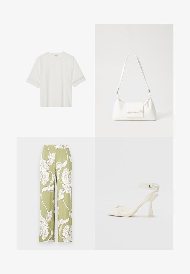 Bela kratka majica s kratkimi rokavi iz bombaža, okrašena z dekorativnim čipkastim robom ob rokavih in okroglo izrezom.; Cvečne široke hlače v svetlo zeleni barvi z belimi botaničnimi vzorci. Imajo elastičen pas in mehko, teksturirano blago.; Sandal z visoko peto z naramnicami v beli usnjeni izvedbi s popolnim dizajnom, prozorno blok peto in dekorativnim elementom na prstih.; Bela sintetična torbica v obliki trikotnika, z ravnim sprednjim poklopcem in detajlom mašne, nastavljivim trakom, gladko teksturo in minimalističnim dizajnom.
