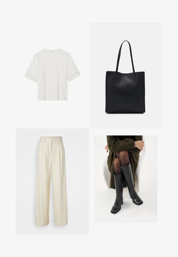 Balta īsām piedurknēm T-kreklu, izgatavotu no kokvilnas, ar dekoratīvu mežģīņu apdari ap piedurknēm un apaļu kakla izgriezumu.; Krēmkrāsas, platajām kājām bikses ar augstu vidukli, ar priekšējiem piegriezumiem un gludu tekstūru. Vienkāršs, tīrs dizains bez jebkādiem rakstiem.; Ceļgalu augstuma melni ādas zābaki ar kvadrātu purngalu un bloku papēdi, attēloti modelī, kurš sēž olīvu zaļā mētelī. Gluda tekstūra, minimāla apdare.; Melnas ādas somiņa ar gludu tekstūru, taisnstūra formu un divām garām rokturiem. Nav redzamu aparatūras vai rotājumu.