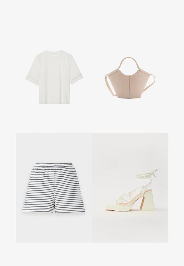 Weißes T-Shirt mit kurzen Ärmeln aus Baumwolle, mit dekorativem Spitzenbesatz entlang der Ärmel und einem runden Ausschnitt.; Gestreifte Shorts mit einem weißen und marineblauen Farbschema, elastischem Bund, weichem Baumwollmaterial und einem lockeren Schnitt.; Weiße High-Heel-Sandale mit einem klobigen Absatz, die über ein Riemchendesign und ein Knöchelband verfügt. Glatte Textur mit einer Plattform vorne für zusätzliche Höhe.; Beige Lederhandtasche mit einer einzigartigen Form, die zwei kurze Henkel und einen langen verstellbaren Riemen aufweist. Glatte Textur mit minimalen Hardware-Elementen.