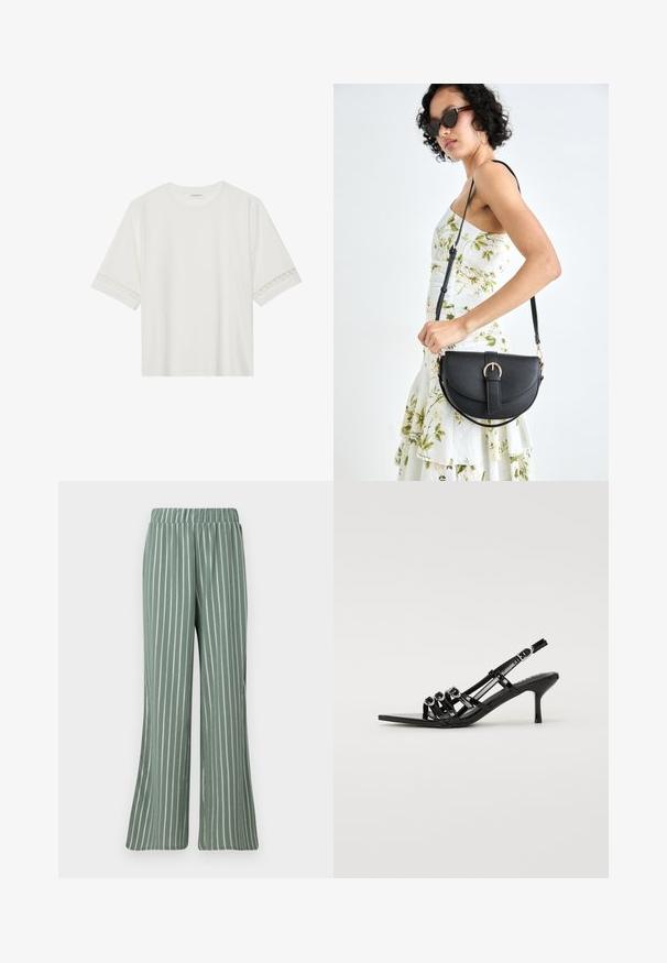 T-shirt branco de manga curta feito de algodão, com bainha de renda decorativa nas mangas e decote redondo.; Calças de tecido canelado em verde-claro, com riscas verticais brancas. Apresentam um cós elástico e um design de pernas largas.; Shoe preto de salto alto com atilhos, com bico fino, apresentando várias tiras estreitas e detalhes circulares na parte da frente.; Bolsa de couro preta com forma curva, alça destacável e detalhes em dourado. A bolsa possui uma aba com detalhe de fivela.