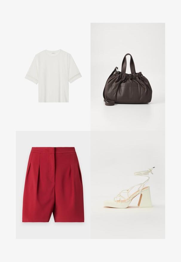 Bílé tričko s krátkým rukávem vyrobené z bavlny, s dekorativní krajkovou aplikací na rukávech a kulatým výstřihem.; Červené kalhoty na míru s sklady, vyrobené z hladkého materiálu. Disponují strukturovaným pasem a čistými liniemi, což zajišťuje elegantní siluetu.; Bílé sandály na vysokém podpatku s robustním podpatkem, s designem s pásky a zavazováním kolem kotníku. Hladký povrch s platformou vpředu pro zvýšení výšky.; Samsøe Samsøe SAEMMI MIDI BAG - Kabelka - dark brown