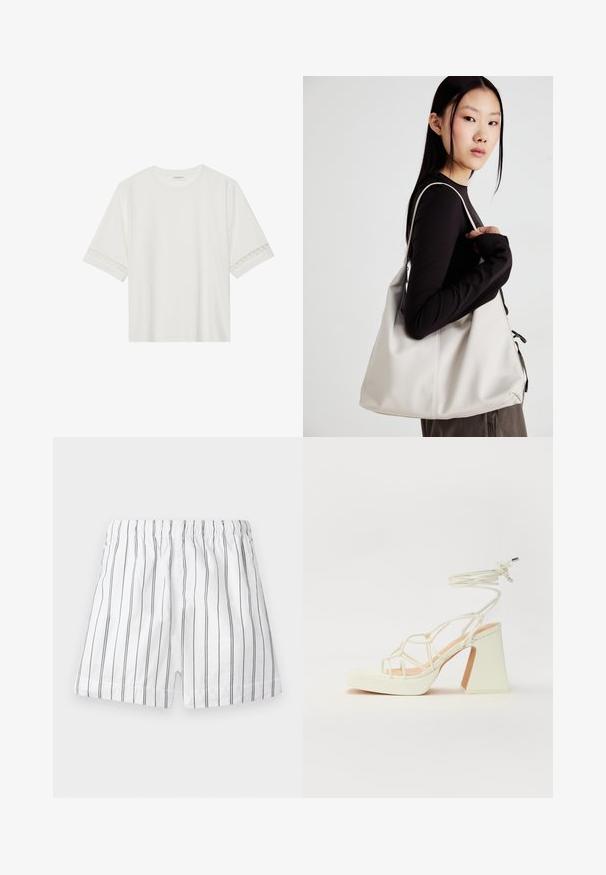 Valge lühikese varrukaga T-särk, mis on valmistatud puuvillast, kaunistatud pitsiga varrukate ääres ja ümmarguse kaelusega.; Valged lühikesed püksid õhukeste vertikaalsete hallide triipudega, elastse vöökohtadega ja mugava istuvusega. Valmistatud kergest kangast, et tagada hingavus.; Valged kõrge kontsaga sandaalid, millel on paks konts ja rihmadega disain koos pahkluu sidumisega. Sile tekstuur ja platvorm ees, et lisada kõrgust.; Bež käekott pehme materjali, millel on lõtv disain, õmblustega detailid ja kaks õlarihma. Sobib igapäevaseks kasutamiseks.