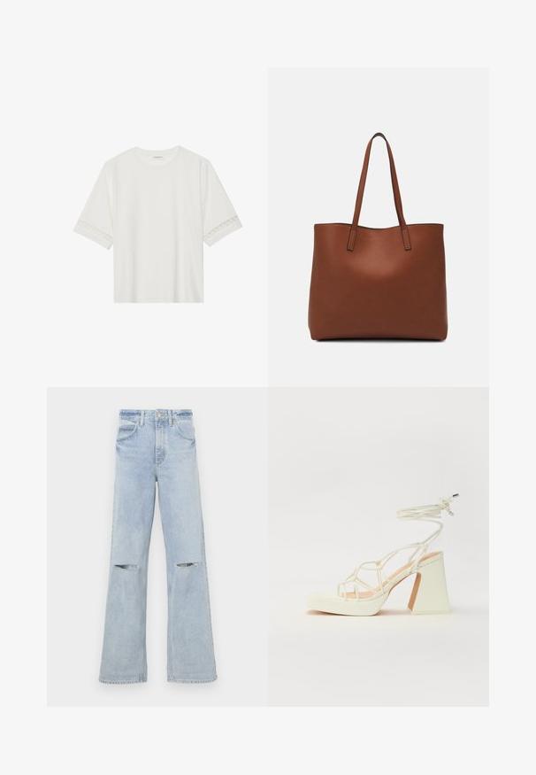 Biała, krótka koszulka z bawełny z dekoracyjnym koronkowym wykończeniem przy rękawach i okrągłym dekoltem.; Jasnoniebieskie dżinsy z szerokimi nogawkami i postrzępionymi wycięciami na kolanach, wysoki stan oraz klasyczny pięciopocketowy design. Wykonane z denimu o miękkiej teksturze.; Biała sandał na wysokim obcasie z masywnym słupkiem, z paskowym wzorem i wiązaniem przy kostce. Gładka faktura z platformą z przodu dla dodatkowej wysokości.; Brązowa skórzana torba tote o gładkiej fakturze, z otwartym wierzchem i dwoma ramiączkami. Charakteryzuje się minimalnym przeszyciem i brakiem widocznych elementów metalowych.