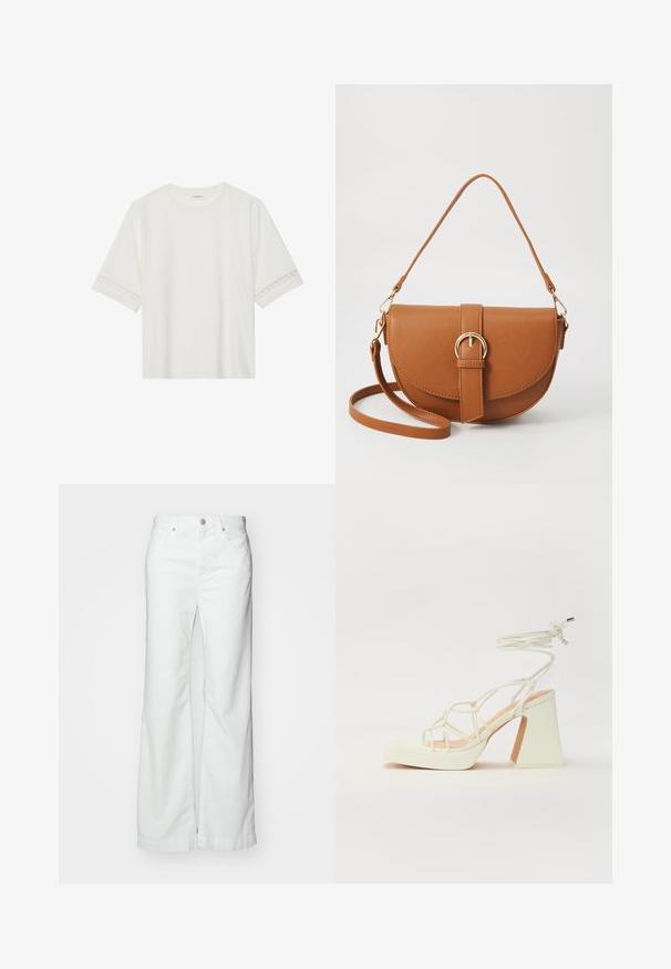 T-shirt branco de manga curta feito de algodão, com bainha de renda decorativa nas mangas e decote redondo.; Calças de ganga brancas e largas com um cós, fecho frontal com botão e zipper, e cinco bolsos. O tecido tem uma textura lisa e sólida.; Sandálias brancas de salto alto com um salto robusto, apresentando um design com tiras e amarração no tornozelo. Textura suave com uma plataforma na frente para altura adicional.; Bolsa transversal de couro castanho com um formato curvado, ferragens douradas e um detalhe de fivela. Inclui uma alça de ombro destacável.