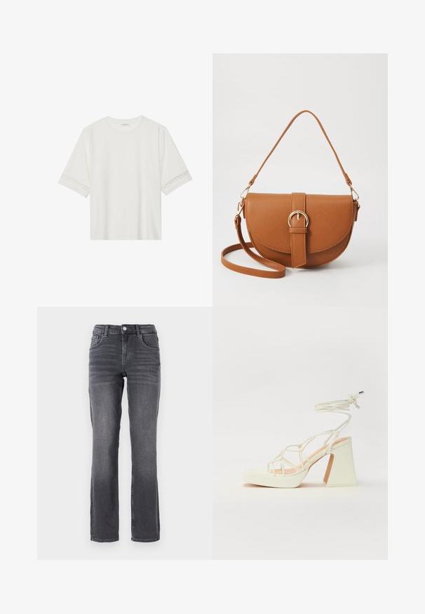 T-shirt branco de manga curta feito de algodão, com bainha de renda decorativa nas mangas e decote redondo.; ONLY ONLLOPEZ - Calças de ganga de perna direita - grey denim; Sandálias brancas de salto alto com um salto robusto, apresentando um design com tiras e amarração no tornozelo. Textura suave com uma plataforma na frente para altura adicional.; Bolsa transversal de couro castanho com um formato curvado, ferragens douradas e um detalhe de fivela. Inclui uma alça de ombro destacável.