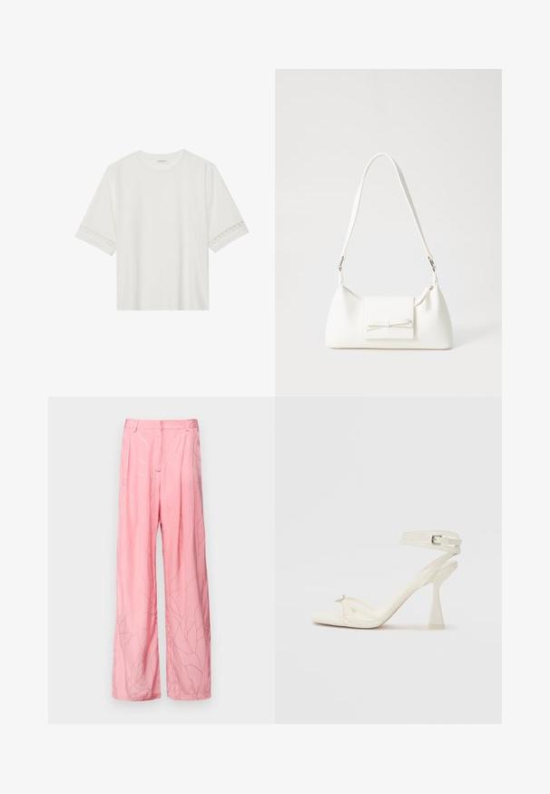 Biała, krótka koszulka z bawełny z dekoracyjnym koronkowym wykończeniem przy rękawach i okrągłym dekoltem.; Różowe spodnie o szerokich nogawkach wykonane z lekkiego materiału, z delikatnym wzorem liści i plisami, o gładkiej teksturze i dopasowanym pasie.; Białe skórzane sandały na wysokim obcasie z paskami, o smukłym wyglądzie, z przezroczystym słupkiem i ozdobnym elementem na palcach.; Biała syntetyczna torba o trójkątnym kształcie, płaskim przednim klapce i detalach w postaci kokardy, regulowanym pasku, gładkiej fakturze oraz minimalistycznym designie.