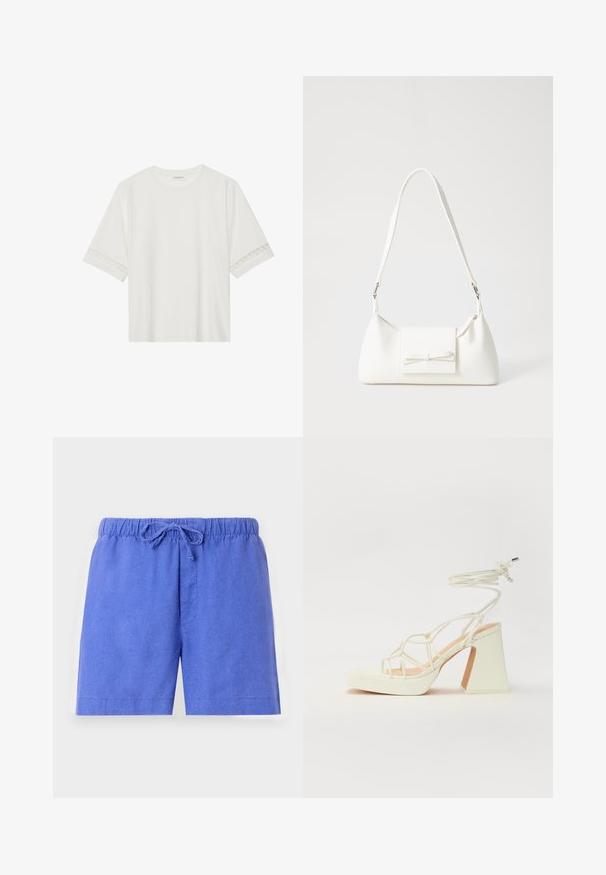 Weißes T-Shirt mit kurzen Ärmeln aus Baumwolle, mit dekorativem Spitzenbesatz entlang der Ärmel und einem runden Ausschnitt.; Blaue Shorts aus leichtem Stoff, mit einem elastischen Bund und einem verstellbaren Kordelzug sowie einer einzigen Vorderasche.; Weiße High-Heel-Sandale mit einem klobigen Absatz, die über ein Riemchendesign und ein Knöchelband verfügt. Glatte Textur mit einer Plattform vorne für zusätzliche Höhe.; Weiße synthetische Handtasche in dreieckiger Form, flache Vorderklappe und Schleifendetail, verstellbarer Trageriemen, glatte Textur und minimalistisches Design.
