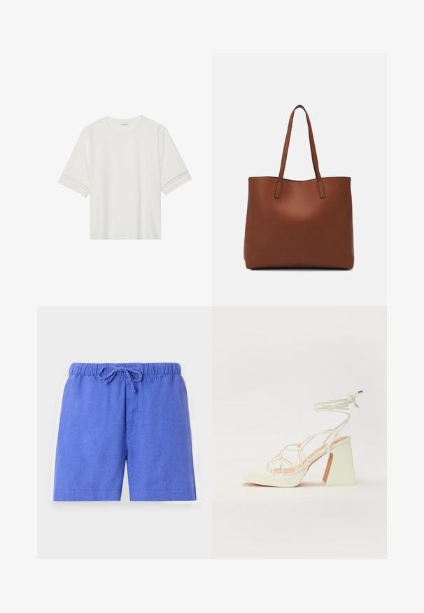 Biele tričko s krátkym rukávom vyrobené z bavlny, s dekoratívnym čipkovým lemovaním pozdĺž rukávov a okrúhlym výstrihom.; Modré šortky vyrobené z ľahkého materiálu, so elastickým pásom a šnúrkou na sťahovanie, a jednou prednou vreckom.; Biele sandále na vysokom opätku s hrubým podpätkom, s pruhovaným dizajnom a viazaním na členku. Hladký povrch s platformou vpredu pre zvýšenú výšku.; Hnedá kožená taška na rameno s hladkou textúrou, otvoreným vrchom a dvoma ramenými popruhmi. Má minimálne šitia a žiadne viditeľné kovania.