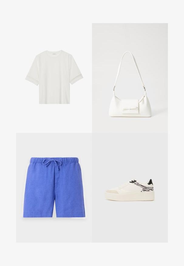 Tricou alb cu mânecă scurtă, confecționat din bumbac, cu dantelă decorativă pe marginea mânecilor și un guler rotund.; Șorturi albastre dintr-un material ușor, cu un brâu elastic și șnur, având un singur buzunar frontal.; Even&Odd Sneakers low - white/black; Geantă sintetică albă, cu formă triangulară, capac frontal plat și detaliu cu fundă, curea ajustabilă, textură netedă și design minimalist.