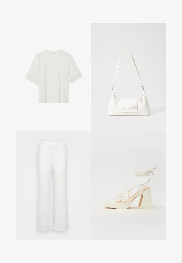 White short-sleeve t-shirt made from cotton, featuring decorative lace trim along the sleeves and a round neckline.; White pants with a flared design, featuring a subtle chevron pattern, elastic waistband, and lightweight textured material.; White high-heeled sandal with a chunky heel, featuring a strappy design and ankle tie. Smooth texture with a platform front for added height.; White synthetic handbag with a triangular shape, flat front flap and bow detail, adjustable strap, smooth texture, and minimalistic design.