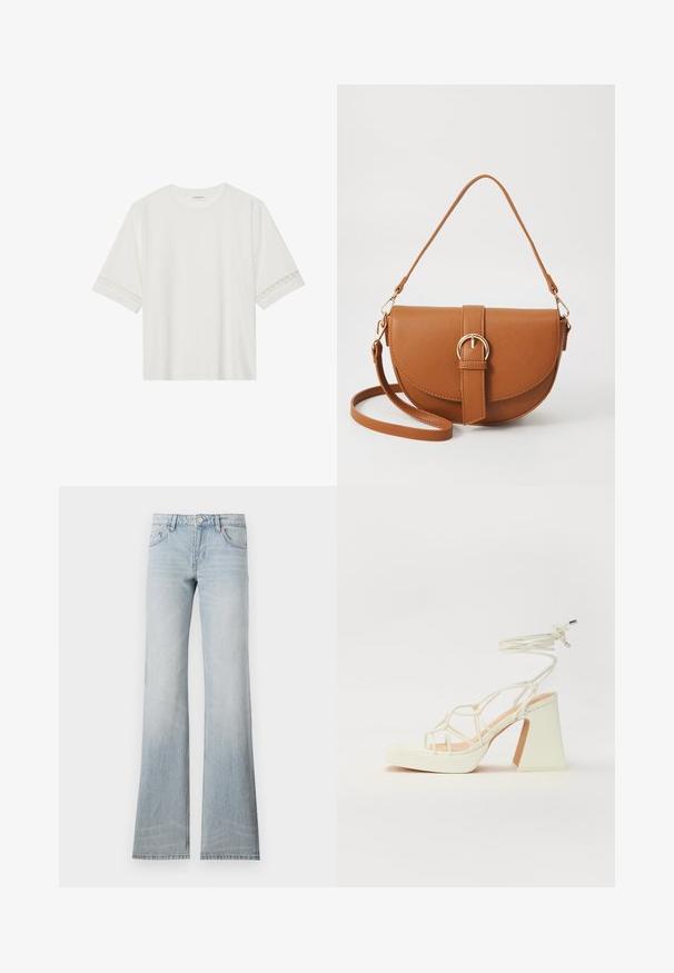 Valge lühikese varrukaga T-särk, mis on valmistatud puuvillast, kaunistatud pitsiga varrukate ääres ja ümmarguse kaelusega.; Heledad sinine denimist flared teksad, tuhmumisega viimistlusega, viie taskuga ja nööbiga sulgemine. Kanga tekstuur on sile ja veidi elastne.; Valged kõrge kontsaga sandaalid, millel on paks konts ja rihmadega disain koos pahkluu sidumisega. Sile tekstuur ja platvorm ees, et lisada kõrgust.; Pruun nahast õlakott, millel on kumer kuju, kullavärvi riistvara ja pandlaga kaunistus. Omab eemaldatavat õlarihma.