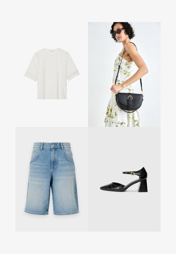 Fehér, rövid ujjas póló, pamutból készült, díszes csipkés szegéllyel az ujjak mentén és kerek nyakkivágással.; Világoskék farmer rövidnadrág egyenes szabással, öt zsebes kialakítással és gombos záródással a derékon. Az anyag fadesztikus megjelenéssel rendelkezik.; Fekete lakkbőr magassarkú cipő hegyes orral, bokapánttal és texturált krokodilmintával. Négyzet alakú blokk sarok kialakítás.; Fekete bőrtáska ívelt formával, levehető pánttal és arany színű fémrészekkel. A táskán egy csattal díszített fedél található.