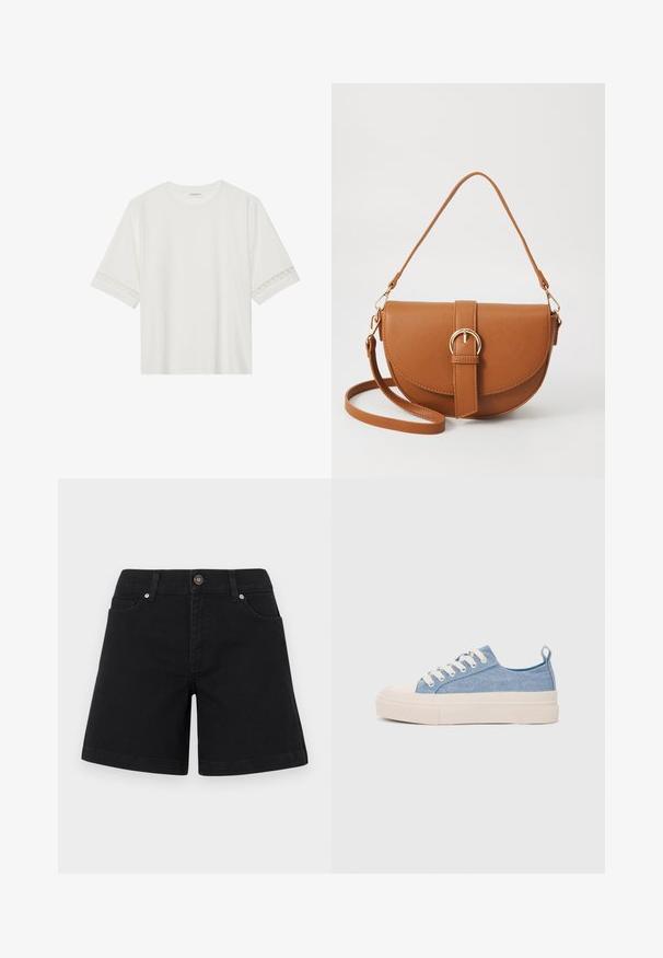 Balta īsām piedurknēm T-kreklu, izgatavotu no kokvilnas, ar dekoratīvu mežģīņu apdari ap piedurknēm un apaļu kakla izgriezumu.; Melni džinsu šorti ar taisnu kāju dizainu, priekšējiem kabatām un pogu aizdari jostasvietā. Gluda tekstūra un minimālistisks stils.; Gaiši zili kanvas sneakeri ar krēmkrāsas gumijas pirksta aizsargu un ārējo zoli, aprīkoti ar baltām šņorēm un cilpu uz papēža.; Brūns ādas plecu soma ar izliekta formu, zelta piederumiem un sprādzes akcentu. Iesaiņota ar noņemamu plecu siksnu.