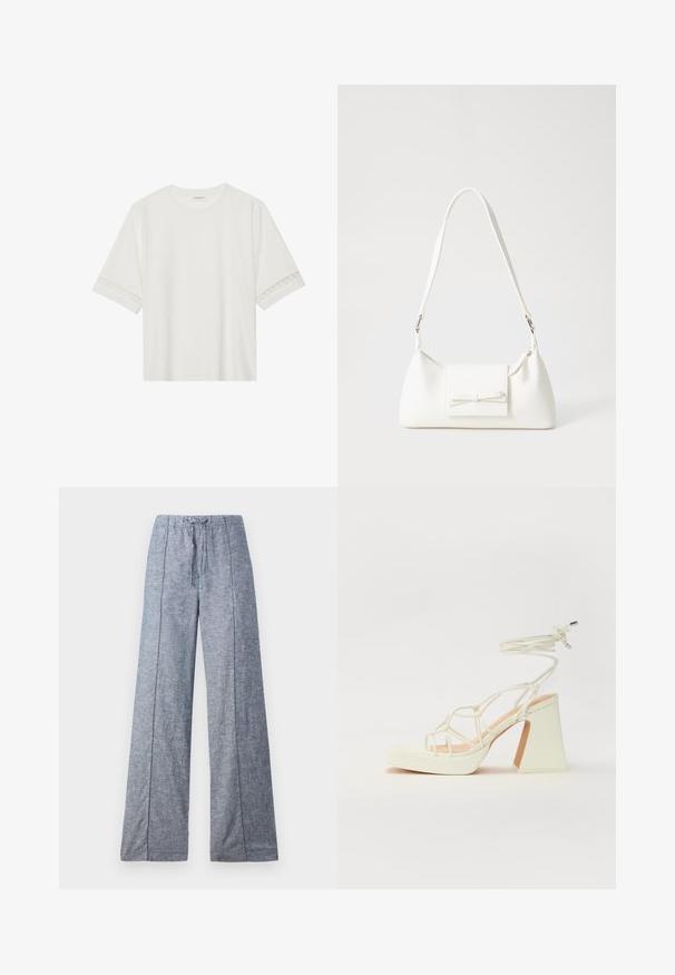 Balta trumpomis rankovėmis marškinėliai, pagaminti iš medvilnės, su dekoratyviais nėriniais aplink rankoves ir apvaliu kaklu.; Platus kojas kelnes iš šviesiai mėlynos medžiagos su subtiliu tekstūru, turinčios elastinę juostą ir raištelį prisitaikymui.; Balti aukštakulniai sandalai su masyviu kulnu, su dirželių dizainu ir kulkšnies raiščiu. Lygi tekstūra su platforma priekyje, suteikianti papildomą aukštį.; Balta sintetinė rankinė trikampio formos, plokščiu priekiu su užsegimu, kaspino detale, reguliuojama dirželiu, lygia tekstūra ir minimalistišku dizainu.