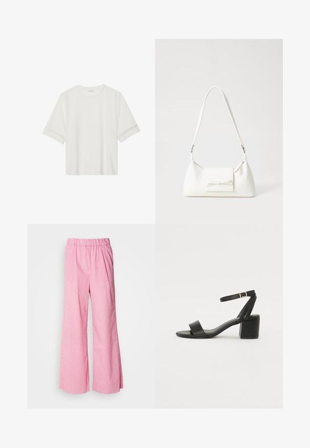 Fehér, rövid ujjas póló, pamutból készült, díszes csipkés szegéllyel az ujjak mentén és kerek nyakkivágással.; Rózsaszín, széles lábú nadrág függőleges fehér csíkokkal, gumis derékkal, könnyű anyagból készült, és kényelmes, laza fazonú.; Fekete magassarkú szandál sima bőr felső résszel, nyitott orral, széles elülső pántokkal és állítható bokapánttal, arany csat részlettel.; Fehér szintetikus kézitáska, háromszög alakú, lapos előlap, masni részlettel, állítható pánttal, sima textúrával és minimalista dizájnnal.