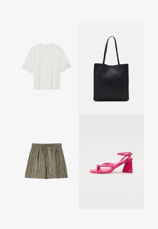 Camiseta blanca de manga corta hecha de algodón, con un ribete decorativo de encaje en las mangas y un escote redondo.; Pantalones cortos verde oliva texturizados con un patrón de rayas onduladas, que cuentan con una cinturilla elástica y un cordón para un ajuste ajustable.; Sandalias de tacón de charol rosa con punta cuadrada, tiras estrechas y un tacón geométrico cuadrado. Presenta un detalle de hebilla en la tira.; Bolso tote de cuero negro con textura lisa, forma rectangular y dos asas largas. Sin herrajes ni adornos visibles.