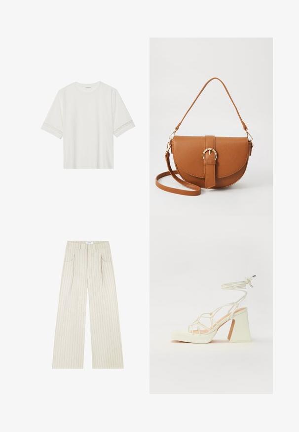 Witte korte mouwen t-shirt van katoen, met een decoratieve kantafwerking langs de mouwen en een ronde halslijn.; Beige wijde pantalons met verticale streepjes, voorzien van zijzakken, plooien en een gestikte tailleband voor extra structuur.; Witte hoge hakken sandaal met een chunky hak, met een bandjesontwerp en enkelband. Gladde textuur met een plateau voor extra hoogte.; Bruine leren schoudertas met een gebogen vorm, gouden hardware en een gespaccent. Bevat een afneembare schouderriem.