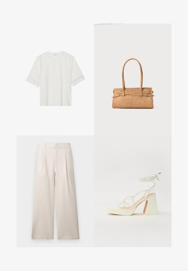 T-shirt branco de manga curta feito de algodão, com bainha de renda decorativa nas mangas e decote redondo.; ONLY ONLLANDO PLEAT CULOTTE PANT - Calças - pumice stone; Sandálias brancas de salto alto com um salto robusto, apresentando um design com tiras e amarração no tornozelo. Textura suave com uma plataforma na frente para altura adicional.; Bolsa de camurça bege com duas alças longas, de formato retangular e costura decorativa. Apresenta uma correia lateral e discretos acabamentos em ouro.