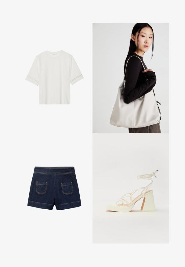 Valkoinen lyhythihainen t-paita, joka on valmistettu puuvillasta ja jossa on koristeellinen pitsireunus hihojen ympärillä sekä pyöreä pääntie.; Tummansiniset farkkushortsit, joissa on tiukka vyötärö, kaksi takataskua ja vaaleanruskeat tikkaukset saumoissa. Alamarginaali on käännetty.; Valkoinen korkokenkä, jossa on paksu korko, ja joka sisältää nauhakiinnityksen ja nilkkaketjun. Sujuva pinta, jossa on platform-etupohja lisäkorkeutta varten.; Beige laukku, joka on valmistettu pehmeästä materiaalista, ja siinä on rento muotoilu, ommeltu yksityiskohtia ja kaksi olkahihnaa. Sopii päivittäiseen käyttöön.