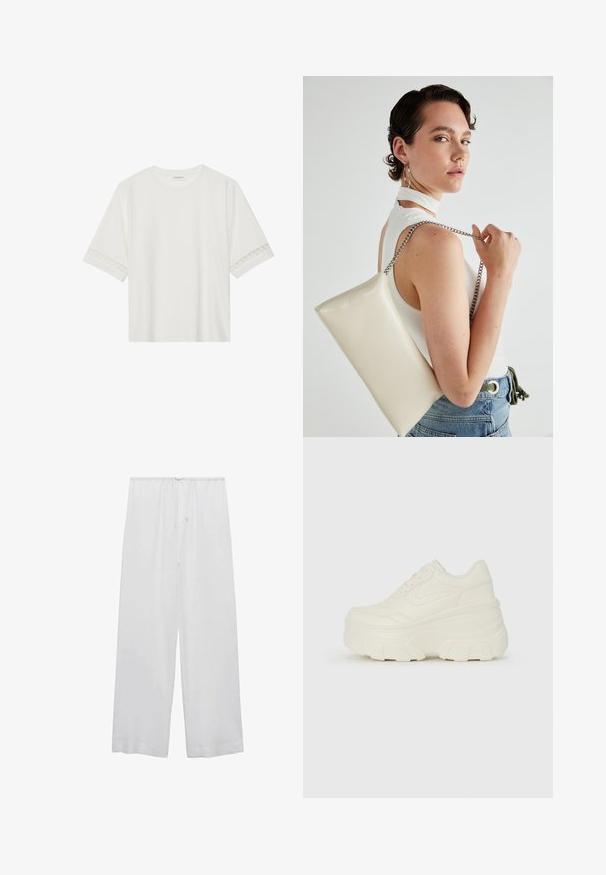 Weißes T-Shirt mit kurzen Ärmeln aus Baumwolle, mit dekorativem Spitzenbesatz entlang der Ärmel und einem runden Ausschnitt.; Weiße, weite Hose aus leichtem Stoff mit einem elastischen Bund und Kordelzug für eine verstellbare Passform.; Weiße Platform Sneakers mit einem glatten, lederähnlichen Obermaterial, abgerundeter Form, gepolstertem Kragen und strukturierten Gummisohlen mit ausgeprägten Stollen.; Weiße rechteckige Clutch aus glänzendem Material mit einem silbernen Kettenriemen. Das Model posiert und präsentiert die Tasche vor einem schlichten Hintergrund.