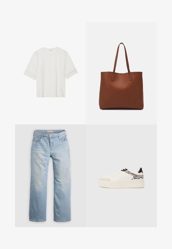 Hvit t-skjorte med kort erme laget av bomull, med dekorativ blondekant langs ermene og en rund halslinning.; Lyseblå vid bukse laget av denim. Har høy livhøyde, fem lommer og kontrastsøm. Glatt tekstur med en falmet finish.; Even&Odd Joggesko - white/black; Brun lær tote veske med en jevn tekstur, åpen toppdesign og to skulderstropper. Har minimal søm og ingen synlige spiker.