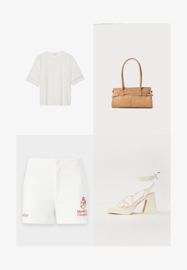 Bílé tričko s krátkým rukávem vyrobené z bavlny, s dekorativní krajkovou aplikací na rukávech a kulatým výstřihem.; Bílé bavlněné šortky s předním zapínáním na knoflík, bočními kapsami a červeně vyšitým logem Monte Carlo Country Club a názvem značky.; Bílé sandály na vysokém podpatku s robustním podpatkem, s designem s pásky a zavazováním kolem kotníku. Hladký povrch s platformou vpředu pro zvýšení výšky.; Hnědá semišová kabelka s dvěma dlouhými uchy, obdélníkovým tvarem a ozdobným šitím. Obsahuje boční popruh a decentní zlaté kovové akcenty.