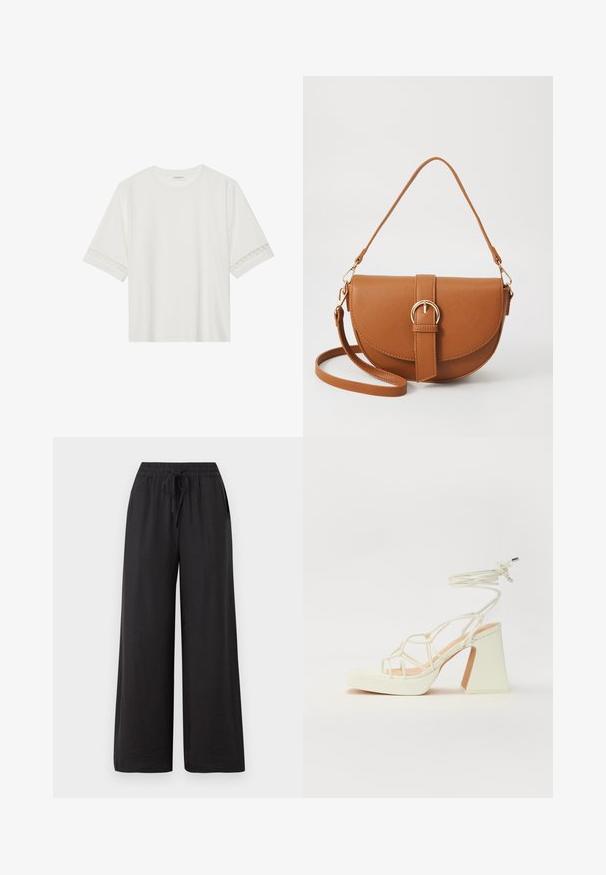 Witte korte mouwen t-shirt van katoen, met een decoratieve kantafwerking langs de mouwen en een ronde halslijn.; Zwarte wijde broek gemaakt van een zachte, lichte stof. Beschikt over een elastische tailleband met een trekkoord en zijzakken.; Witte hoge hakken sandaal met een chunky hak, met een bandjesontwerp en enkelband. Gladde textuur met een plateau voor extra hoogte.; Bruine leren schoudertas met een gebogen vorm, gouden hardware en een gespaccent. Bevat een afneembare schouderriem.