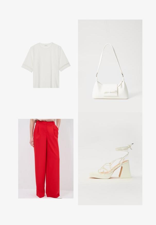 Hvid kortærmet t-shirt lavet af bomuld, med dekorativ blondekant langs ærmerne og en rund halsudskæring.; Røde vidde bukser med høj talje, der har skarpe folder og sidelommer, lavet af glat stof. Bunden slutter over skoene.; Hvide højhælede sandaler med en kraftig hæl, der har et stropdesign og ankelbinding. Glat tekstur med en platform foran for ekstra højde.; Hvid syntetisk håndtaske med en trekantet form, flad forsideklap og sløjfedetalje, justerbar strop, glat tekstur og minimalistisk design.