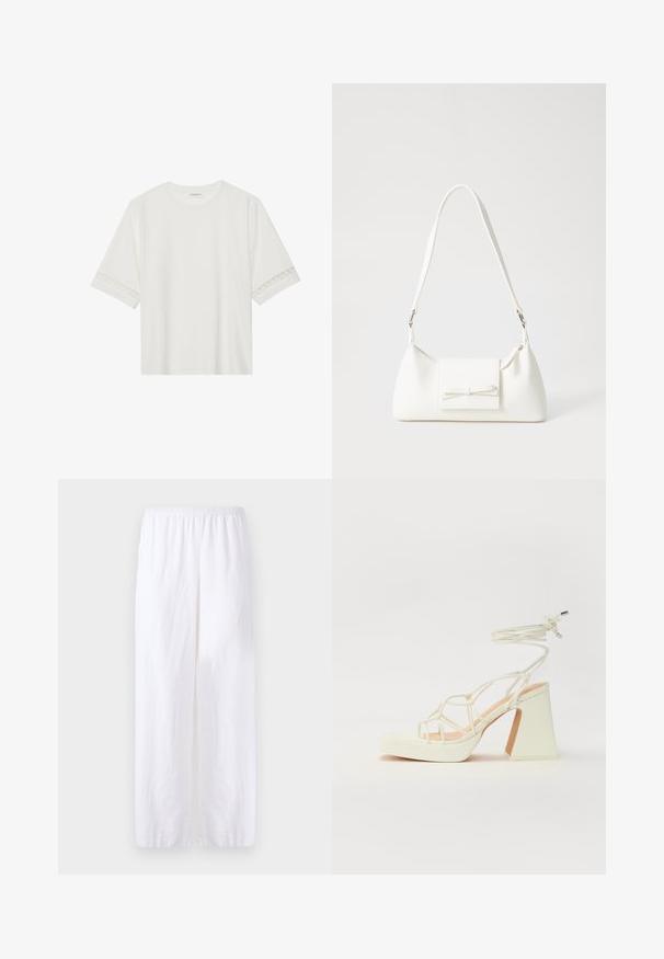 T-shirt branco de manga curta feito de algodão, com bainha de renda decorativa nas mangas e decote redondo.; Calças de linho brancas com cintura elástica, apresentando um corte reto e aberturas laterais para ventilação e facilidade de movimento.; Sandálias brancas de salto alto com um salto robusto, apresentando um design com tiras e amarração no tornozelo. Textura suave com uma plataforma na frente para altura adicional.; Mala sintética branca com formato triangular, aba frontal plana e detalhe de laço, alça ajustável, textura suave e design minimalista.