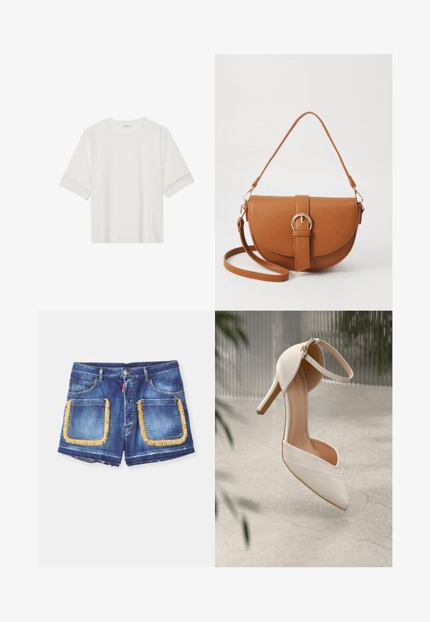 Bela kratka majica s kratkimi rokavi iz bombaža, okrašena z dekorativnim čipkastim robom ob rokavih in okroglo izrezom.; Denim kratke hlače v temno modri barvi z rumenim robom okoli velikih sprednjih žepov. Imajo gumb in zadrgo ter obrabljene robove.; Bele visoke petne čevlje iz gladkega materiala s koničastim nosom in gležnjenim trakom. Imajo svetlo tan notranjost in zlat ton dodatkov.; Rjava usnjena torbica prek telesa s ukrivljeno obliko, zlate opreme in sponko. Ima odstranljiv naramni trak.