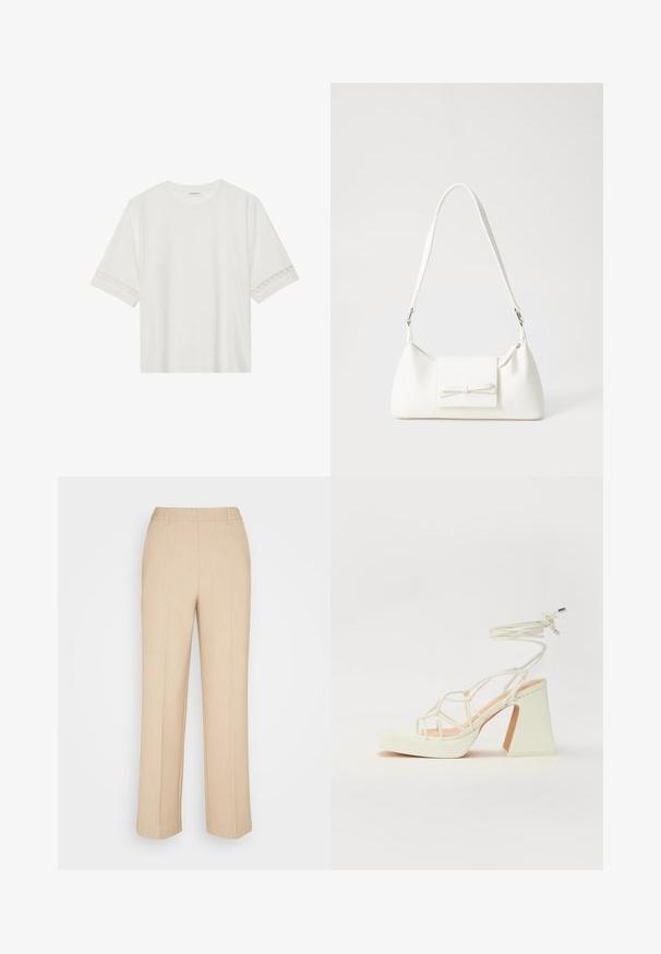 Witte korte mouwen t-shirt van katoen, met een decoratieve kantafwerking langs de mouwen en een ronde halslijn.; Beige, wijde broek gemaakt van een gestructureerde stof. Voorzien van een gladde tailleband en subtiele plooidetails aan de voorkant.; Witte hoge hakken sandaal met een chunky hak, met een bandjesontwerp en enkelband. Gladde textuur met een plateau voor extra hoogte.; Witte synthetische handtas met een driehoekige vorm, platte voorklep en strikdetail, verstelbare schouderriem, gladde textuur en minimalistisch ontwerp.