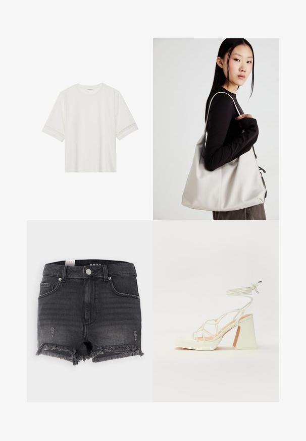 Vit kortärmad t-shirt i bomull, med dekorativa spetsdetaljer längs ärmarna och rund halsringning.; Svarta denimshorts med fransad nederkant, slitna detaljer och metallknappsstängning. Har en klassisk design och fem fickor.; Vit högklackad sandal med en kraftig klack, med ett remdesign och ankelband. Slät textur med en plattform framtill för ökad höjd.; Beige handväska tillverkad av mjukt material, med en avslappnad design, sydda detaljer och två axelremmar. Lämplig för dagligt bruk.