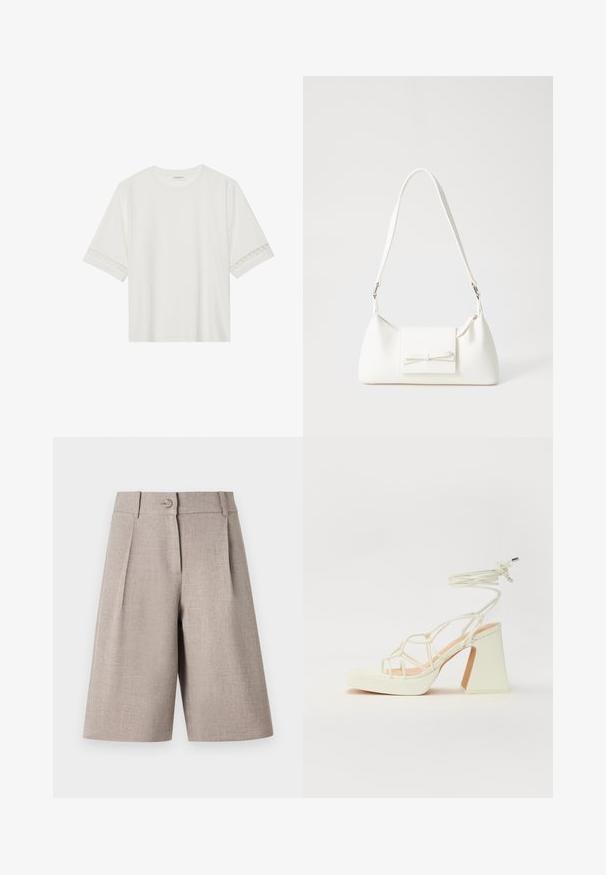 T-shirt blanc à manches courtes en coton, avec des bordures en dentelle décoratives le long des manches et un col rond.; Shorts beige ajustés avec des plis, dotés d'une fermeture à bouton et d'une texture lisse, conçus pour une silhouette moderne et structurée.; Sandale blanche à talons hauts avec un talon épais, présentant un design à lanières et un lien autour de la cheville. Texture lisse avec une plateforme à l'avant pour une hauteur supplémentaire.; Sac à main synthétique blanc en forme triangulaire, avec un rabat avant plat et un détail en nœud, une bandoulière ajustable, une texture lisse et un design minimaliste.