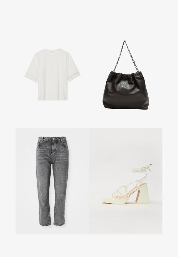 Bjela majica kratkih rukava od pamuka, s dekorativnom čipkastom obrubom duž rukava i okruglim izrezom.; Sive traperice s visokim strukom, ravnog kroja, s prednjim džepovima i malim metalnim dugmetom na pojasu.; Bijela sandala na visokoj potpetici s debelim petom, s remenom i vezanjem oko gležnja. Glatka tekstura s platformom sprijeda za dodatnu visinu.; Smeđa kožna torba s naboranim vrhom i lančićem za nošenje. Glatka tekstura s sjajnim završetkom i suptilnim šavnim detaljima sa strane.