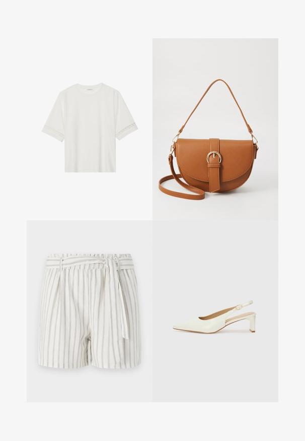 Bílé tričko s krátkým rukávem vyrobené z bavlny, s dekorativní krajkovou aplikací na rukávech a kulatým výstřihem.; Bílé pruhované šortky se šedými proužky, elastický pas a zavazovací detail vepředu. Lehce látka s uvolněným střihem.; Bílé lakované slingback boty s špičatou špičkou a nízkým blokovým podpatkem. Má decentní pásek se zlatě tónovanou sponou.; Hnědá kožená křížová taška s zakřiveným tvarem, zlatými detaily a akcentem s přezkou. Obsahuje odnímatelný popruh na rameno.