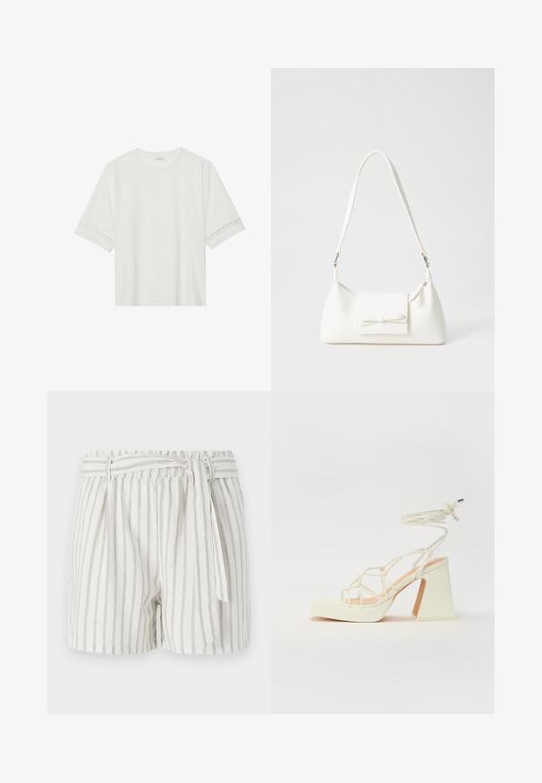 Weißes T-Shirt mit kurzen Ärmeln aus Baumwolle, mit dekorativem Spitzenbesatz entlang der Ärmel und einem runden Ausschnitt.; Weiße Shorts mit grauen Streifen, elastischem Bund und gebundenem Vorderteil. Leichte Stoffqualität mit lockerer Passform.; Weiße High-Heel-Sandale mit einem klobigen Absatz, die über ein Riemchendesign und ein Knöchelband verfügt. Glatte Textur mit einer Plattform vorne für zusätzliche Höhe.; Weiße synthetische Handtasche in dreieckiger Form, flache Vorderklappe und Schleifendetail, verstellbarer Trageriemen, glatte Textur und minimalistisches Design.