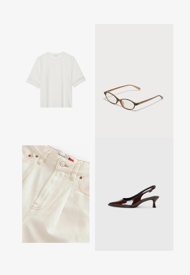 Valkoinen lyhythihainen t-paita, joka on valmistettu puuvillasta ja jossa on koristeellinen pitsireunus hihojen ympärillä sekä pyöreä pääntie.; Kreemivärvi denimjeansid sirge lõikega, millel on vasktooted, tonalne õmblus ja nähtavad külgõmblused struktuuri jaoks.; Ruske patentin nahkalijatke sa špicastim nosom i umjerenom petom. Sadrže remen s kopčom za sigurno pristajanje. Glatka tekstura.; Ruskeat kilpikonnaruutulasiset silmälasit, joissa ovaalit linssit, ohuet varret ja läpinäkyvät yksityiskohdat. Temppeleissä on huomaamaton logo. Suunnittelultaan suora ja kevyt.