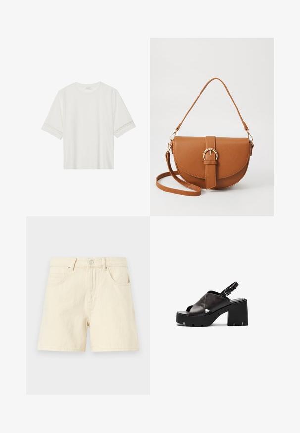 Valkoinen lyhythihainen t-paita, joka on valmistettu puuvillasta ja jossa on koristeellinen pitsireunus hihojen ympärillä sekä pyöreä pääntie.; Kerman denimhousut suoran leikkauksen kanssa, jossa on edessä nappikiinnitys, kaksi etutaskua ja pehmeä, teksturoitu kangas.; Mustat nahkaiset korkokengät sandaalit, joissa on paksu pohja, ristisiteitä, säädettävä solki ja teksturoitu pohja.; Ruskean nahkainen olkalaukku, jossa on kaareva muoto, kultaiset yksityiskohdat ja solkiyksityiskohta. Varustettu irrotettavalla olkahihnalla.