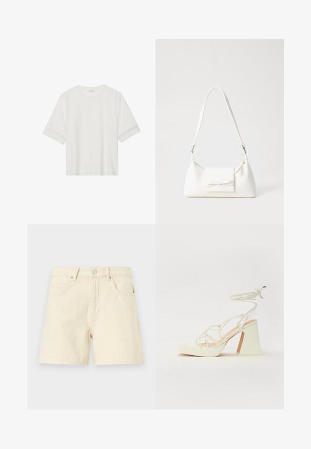 Bela kratka majica s kratkimi rokavi iz bombaža, okrašena z dekorativnim čipkastim robom ob rokavih in okroglo izrezom.; Kremne jeans kratke hlače s ravnim krojem, z zapiranjem na gumb spredaj, dvema sprednjima žepoma in mehko teksturirano tkanino.; Bela sandala na visokih petah s debelim petam, ki ima obliko trakcev in vezanje okoli gležnja. Gladka tekstura z platformo spredaj za dodatno višino.; Bela sintetična torbica v obliki trikotnika, z ravnim sprednjim poklopcem in detajlom mašne, nastavljivim trakom, gladko teksturo in minimalističnim dizajnom.