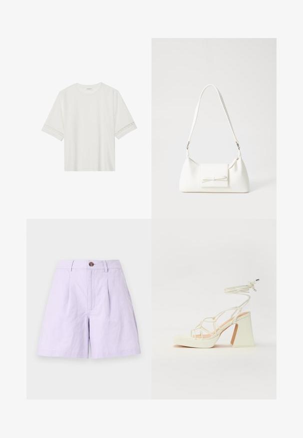 Bela kratka majica s kratkimi rokavi iz bombaža, okrašena z dekorativnim čipkastim robom ob rokavih in okroglo izrezom.; Lila kratke hlače iz lahkega materiala s pregibanim sprednjim delom, z gumbom za zapiranje, zankami za pas in stranskimi žepi. Čiste robovi in klasična zasnova.; Bela sandala na visokih petah s debelim petam, ki ima obliko trakcev in vezanje okoli gležnja. Gladka tekstura z platformo spredaj za dodatno višino.; Bela sintetična torbica v obliki trikotnika, z ravnim sprednjim poklopcem in detajlom mašne, nastavljivim trakom, gladko teksturo in minimalističnim dizajnom.