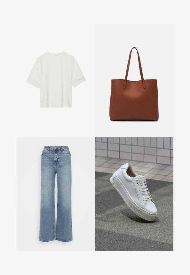 Valkoinen lyhythihainen t-paita, joka on valmistettu puuvillasta ja jossa on koristeellinen pitsireunus hihojen ympärillä sekä pyöreä pääntie.; Samsøe Samsøe REBECCA - Leveälahkeiset - blue moon; Valkoinen nahkalenkkari, jossa on matalan kannan muotoilu, litteät nauhat, pyöristetty kärki ja texturoitu sivu. Paksu kumipohja, jossa on hillittyjä yksityiskohtia.; Ruskea nahkainen olkalaukku, jossa on sileä pinta, avoin yläosa ja kaksi olkahihnaa. Omaavat vain minimaalisen ompelun eikä näkyvää metalliosaa.