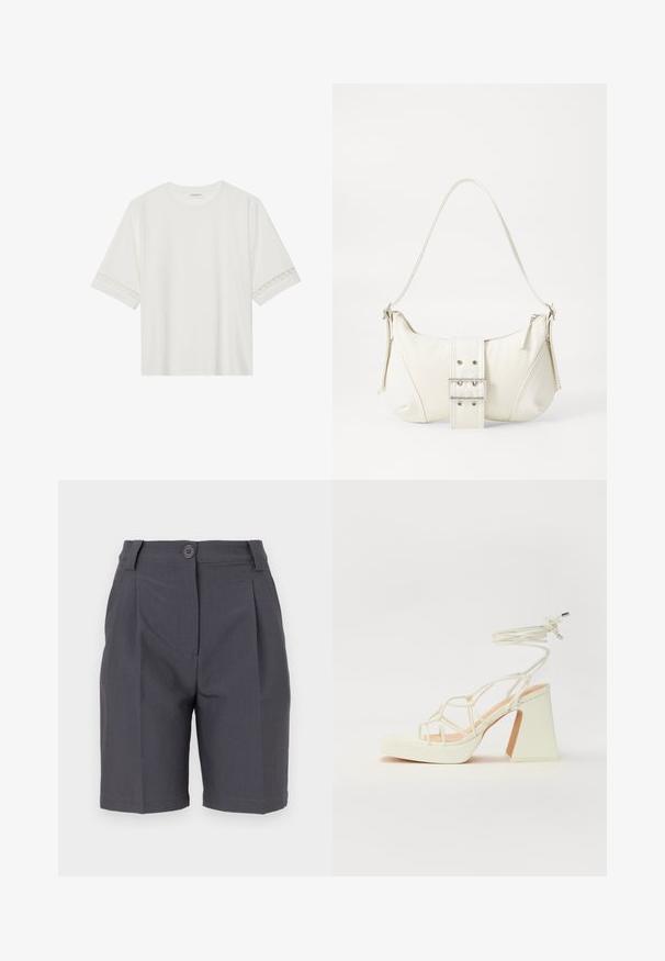 Valkoinen lyhythihainen t-paita, joka on valmistettu puuvillasta ja jossa on koristeellinen pitsireunus hihojen ympärillä sekä pyöreä pääntie.; Harmaat muotonsa mukaiset shortsit, joissa on laskokset, napin suljinta ja sivutaskut. Valmistettu sileästä, kevyestä kankaasta, jossa on rakenteellinen istuvuus.; Valkoinen korkokenkä, jossa on paksu korko, ja joka sisältää nauhakiinnityksen ja nilkkaketjun. Sujuva pinta, jossa on platform-etupohja lisäkorkeutta varten.; Valkoinen olkalaukku, jossa on teksturoitu pinta, keskeinen solkiyksityiskohta ja kaareva muoto. Vetoketjusulkimet kummallakin puolella.