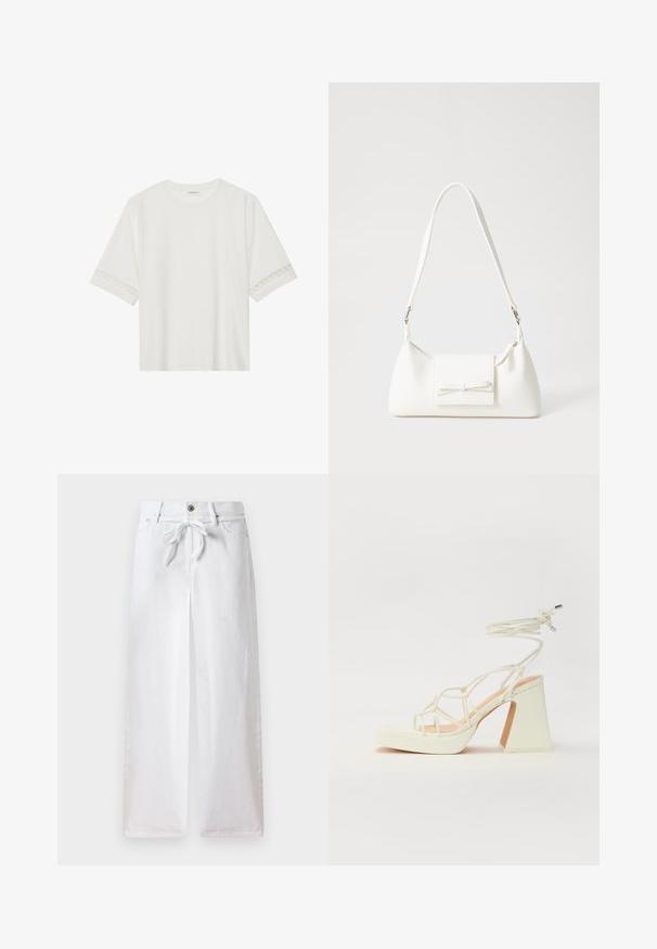 Bela kratka majica s kratkimi rokavi iz bombaža, okrašena z dekorativnim čipkastim robom ob rokavih in okroglo izrezom.; Bela široka hlače iz bombaža. Imajo vrvico za zavezovanje v pasu in gumbasto zapiranje. Gladka tekstura z minimalističnim dizajnom.; Bela sandala na visokih petah s debelim petam, ki ima obliko trakcev in vezanje okoli gležnja. Gladka tekstura z platformo spredaj za dodatno višino.; Bela sintetična torbica v obliki trikotnika, z ravnim sprednjim poklopcem in detajlom mašne, nastavljivim trakom, gladko teksturo in minimalističnim dizajnom.