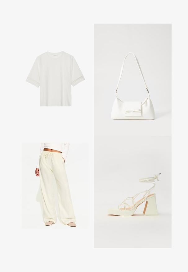 Bela kratka majica s kratkimi rokavi iz bombaža, okrašena z dekorativnim čipkastim robom ob rokavih in okroglo izrezom.; Široke svetlo rumene hlače z elastiko v pasu, ki imajo gladko teksturo in stranske žepke, v kombinaciji z dekorativnimi ravnimi sandali.; Bela sandala na visokih petah s debelim petam, ki ima obliko trakcev in vezanje okoli gležnja. Gladka tekstura z platformo spredaj za dodatno višino.; Bela sintetična torbica v obliki trikotnika, z ravnim sprednjim poklopcem in detajlom mašne, nastavljivim trakom, gladko teksturo in minimalističnim dizajnom.