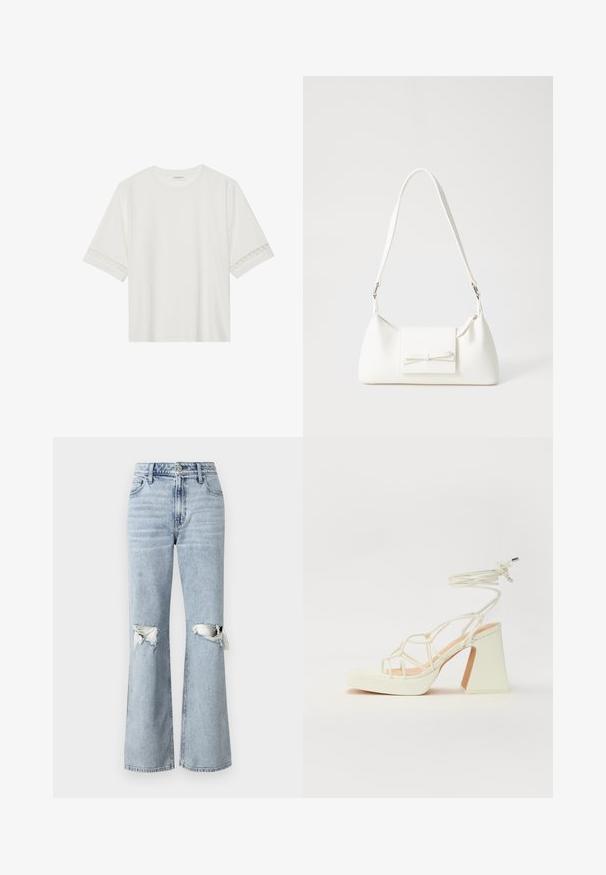 Valkoinen lyhythihainen t-paita, joka on valmistettu puuvillasta ja jossa on koristeellinen pitsireunus hihojen ympärillä sekä pyöreä pääntie.; Vaaleanwash-tyyliset farkut, joissa on korkea vyötärö ja leveät lahkeet. Sisältää kaksi kulutettua polvitaipeen reikää ja standardin viisi taskua -suunnittelun.; Valkoinen korkokenkä, jossa on paksu korko, ja joka sisältää nauhakiinnityksen ja nilkkaketjun. Sujuva pinta, jossa on platform-etupohja lisäkorkeutta varten.; Valkoinen synteettinen käsilaukku, jossa on kolmikulmainen muoto, tasainen etu läppä ja nauhadetail, säädettävä olkahihna, sileä rakenne ja minimalinen muotoilu.