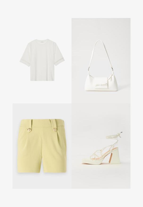 Witte korte mouwen t-shirt van katoen, met een decoratieve kantafwerking langs de mouwen en een ronde halslijn.; Lichtgele shorts van een gladde stof, met twee plooien aan de voorkant en gouden decoratieve knopen op de tailleband. Gemaakt in een op maat gemaakte stijl.; Witte hoge hakken sandaal met een chunky hak, met een bandjesontwerp en enkelband. Gladde textuur met een plateau voor extra hoogte.; Witte synthetische handtas met een driehoekige vorm, platte voorklep en strikdetail, verstelbare schouderriem, gladde textuur en minimalistisch ontwerp.