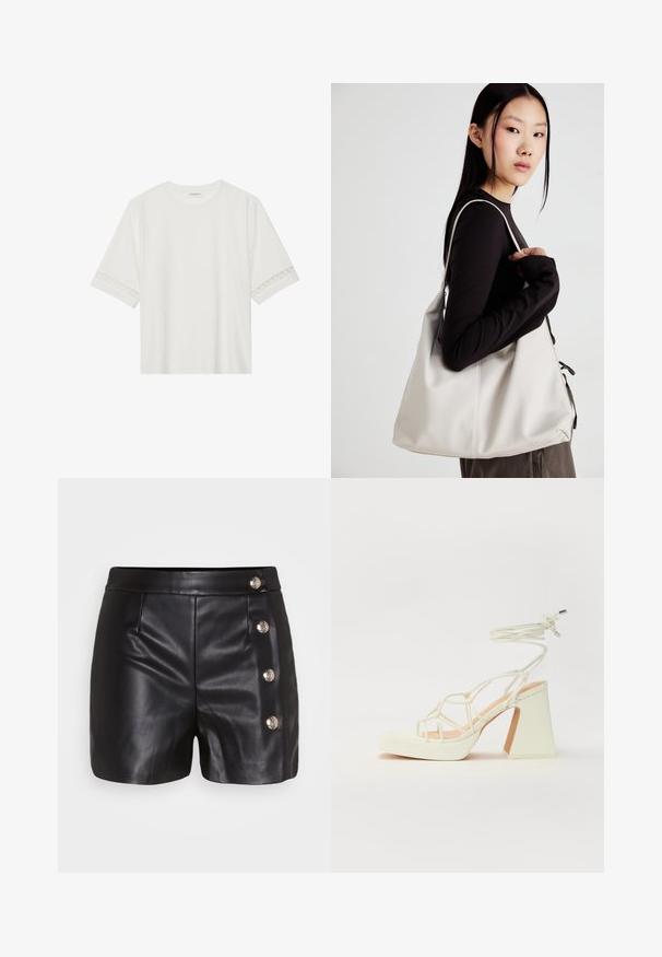 T-shirt blanc à manches courtes en coton, avec des bordures en dentelle décoratives le long des manches et un col rond.; Shorts en cuir noir avec une texture lisse, comportant quatre accents de boutons en argent sur le côté droit et deux poches à l'avant.; Sandale blanche à talons hauts avec un talon épais, présentant un design à lanières et un lien autour de la cheville. Texture lisse avec une plateforme à l'avant pour une hauteur supplémentaire.; Sac à main beige en matériau souple, avec un design décontracté, des détails cousus et deux poignées. Idéal pour un usage quotidien.