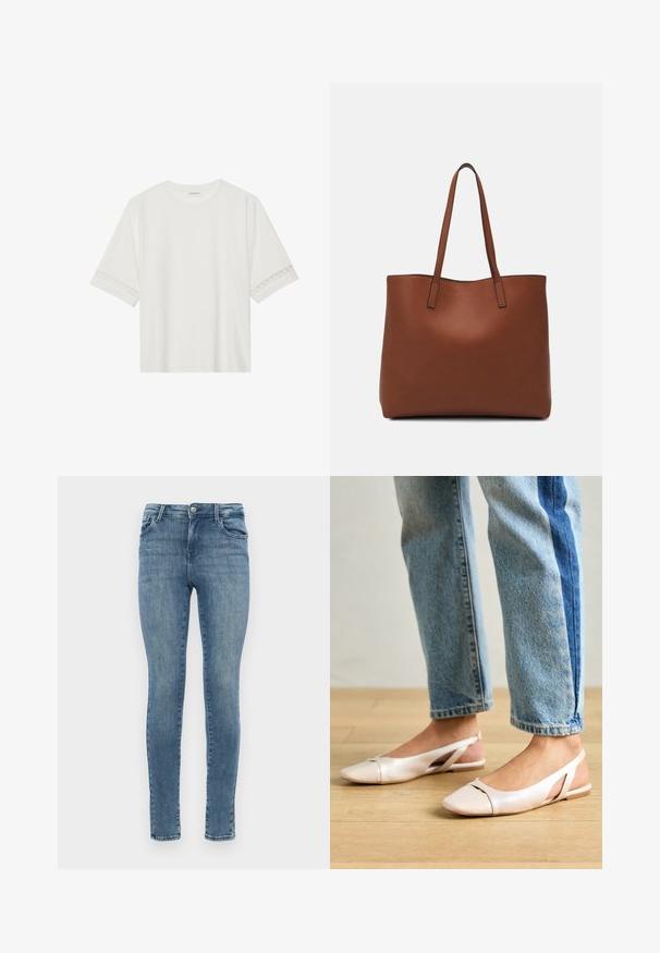 Bjela majica kratkih rukava od pamuka, s dekorativnom čipkastom obrubom duž rukava i okruglim izrezom.; ONLY ONLPOWER PUSH UP SKINNY - Uske traperice - special blue grey denim; Svijetlo ružičaste slingback balerinke s šiljastim vrhom, izrađene od glatkog materijala nalik koži. Sadrže izrezane detalje sa strane i ravnu petu.; Smeđa kožna torba preko ramena s glatkom teksturom, otvorenim vrhom i dvjema naramenicama. Ima minimalne šavove i nema vidljivog hardvera.
